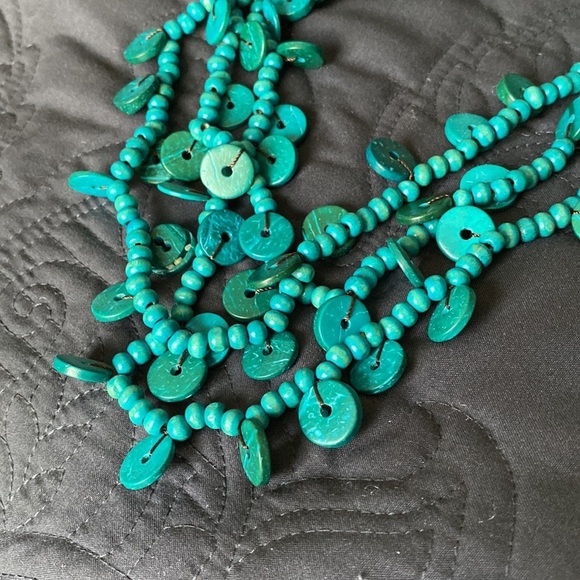 Boho jewelry, necklace, Vintage wooden turquoise layered 36 inches - Picture 3 of 5